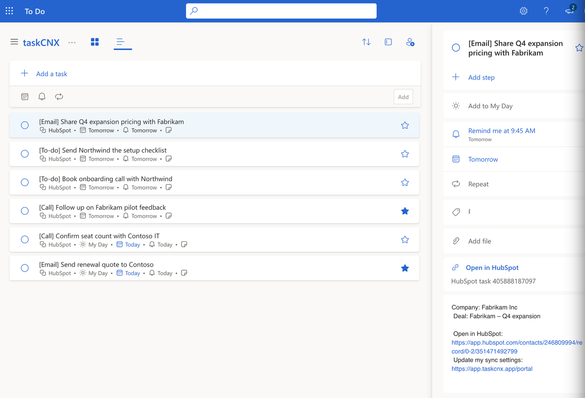 HubSpot tasks in the taskCNX list in Microsoft To Do, one open showing its reminder, company, deal and HubSpot link