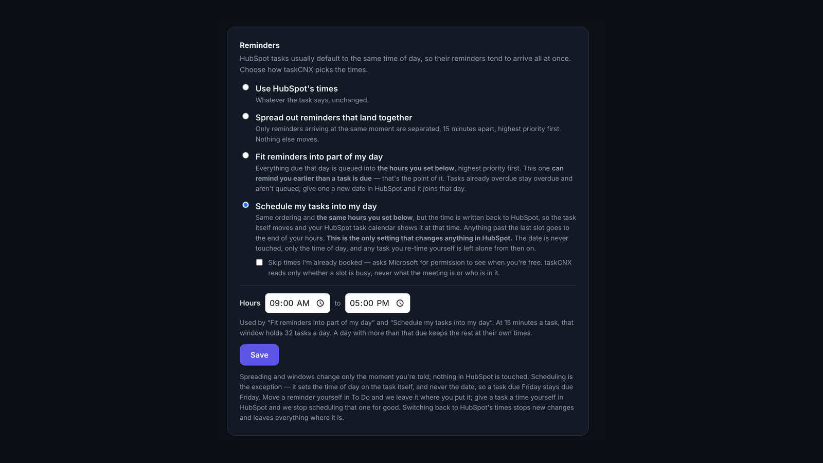 Reminder settings with four options and working hours from 9 to 5