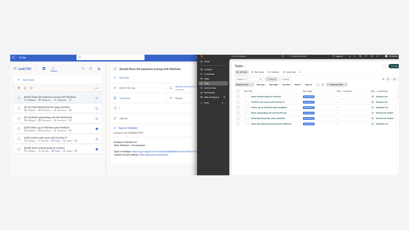 The same six tasks in Microsoft To Do and in HubSpot, side by side